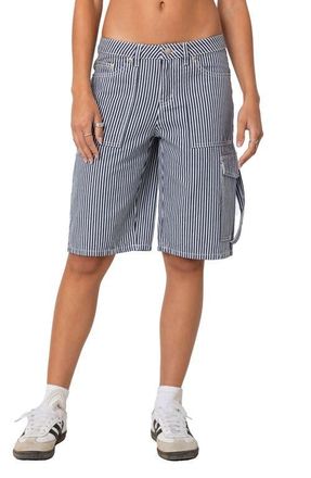 Edikted Friday Stripe Low Rise Cargo Shorts in Navy-And-White at Nordstrom, Size Small