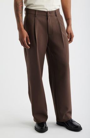 Open Edit Relaxed Pleated Stretch Twill Pants in Brown Cocoa at Nordstrom, Size 30