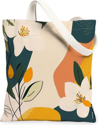 Generic Spring Gardenia Flower Canvas Tote Bag for Shopping 13x15, Retro Mid Century Florals Reusable Grocery Print Pattern Bag for Women, Fun Funky Beach Aes