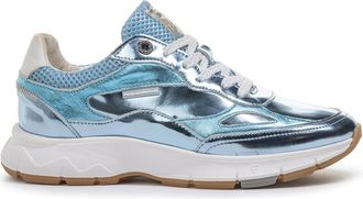 Van Bommel Schoenen, Dames, Blauw, 37 EU, Leer, Sportieve lichtblauwe metallic sneakers