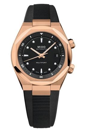 Mido Multifort 8 Two Crowns Automatic Rubber Strap Watch, 40mm in Black at Nordstrom