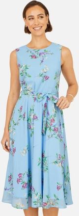 Yumi Sleeveless Tie Waist Printed Midi Dress in Blue at Nordstrom, Size 14