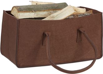 Relaxdays 2 Bolsas Para Le&ntilde;os Con Asas Largas, Fieltro, 25 X 25 X 50 Cm, Marr&oacute;n