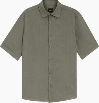 HUGO BOSS Mens Rash_2 Regular Fit Linen Grey/Green Shirt - Tan - Size: 44/Regular