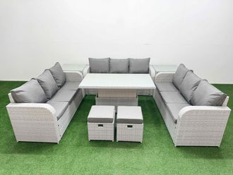 Fimous PE Rattan Lounge Sofa Set 11 Seater Outdoor Garden Furniture Set w/ Adjustable Lifting Dining or Coffee Table 3 Seater Sofa 2 Stools 2 Side