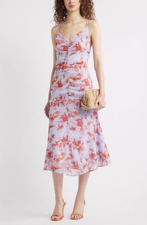 Chelsea28 Gathered V-Neck Midi Dress in Blue- Rust Rebecca Floral at Nordstrom, Size Xx-Small