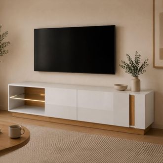 Dmora Mueble Para Tv Kahadada, 2 Estantes, 2 Puertas, Estante De Vidrio, 188x40x46h Cm Marr&oacute;n Roble Nudos