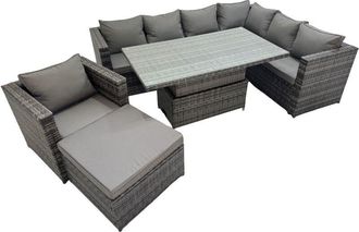 Fimous Fimous 8 Seater Rattan Height Adjustable Rising Lifting Table Corner Sofa Sets with Chair Big Stools Dark Grey Mixed