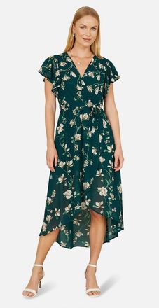 Yumi Floral Frill Hem Wrap Midi Dress in Green at Nordstrom, Size 10