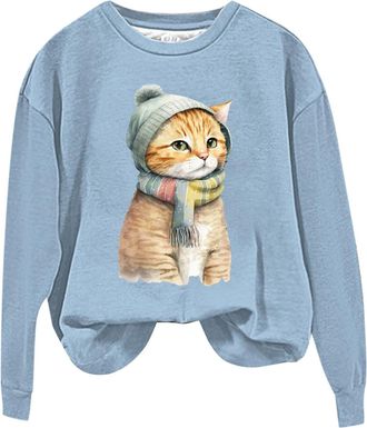 Generic Holiday Essentials for Women Plain Sweatshirts for Women UK clearance Femmes Cute Cat Imprimé Col Rond Manches Longues Casual Sweatshirt Sans Black of