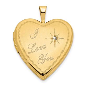 Diamond2Deal 14k Yellow Gold Satin Diamond Star I LOVE YOU Script 20mm Heart Locket