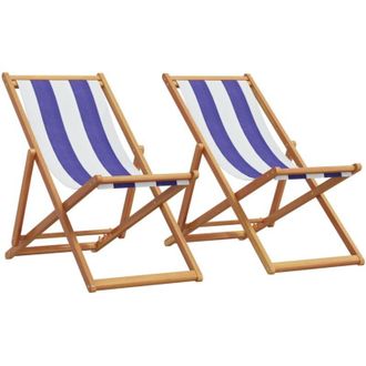 vidaXL Folding Beach Chairs 2 pcs Blue and White Fabric and Solid Wood vidaXL