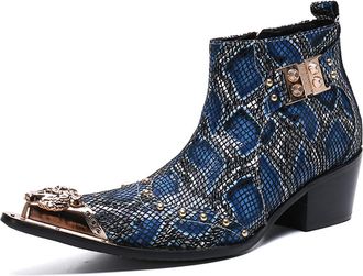 Generic Mens Chelsea Boot Dress Casual Party Western Boot Metal Tip Toe Genuine Leather Zipper Buckle Blue Ankle Boots Fashion Cowboy Disco Singer Ballroom We