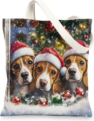 Generic Christmas Beagle Dog Canvas Tote Bag for Shopping 13x15, Xmas Balls Window Puppy Reusable Grocery Print Pattern Bag for Women Men, Holiday Fun Aesthet