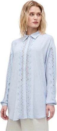 Bruuns Bazaar Shirt met kanten inzetstukken en ceintuur - Dames - Overhemden - Blauw - S - Overhemden