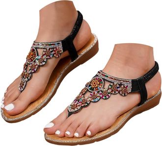 Generic Womens Crystal Decoration Flip Flops, Beaded Bohemian Festival T-StrapFlat Sandals with Elastic Heel Strap, Sparkling Summer Beach Holiday Party Shoes