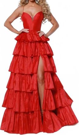 Johnathan Kayne Sweetheart Thigh High Slit Gown In Cherry