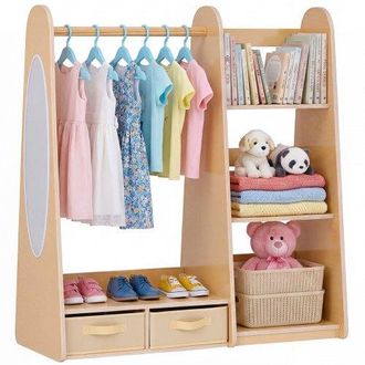 OEM Armario De Disfraces Para Ni&ntilde;os Con Espejo, Mueble Montessori De Madera Natural, Perchero Infantil Con Estantes, Organizador De Ropa Con Compartimento