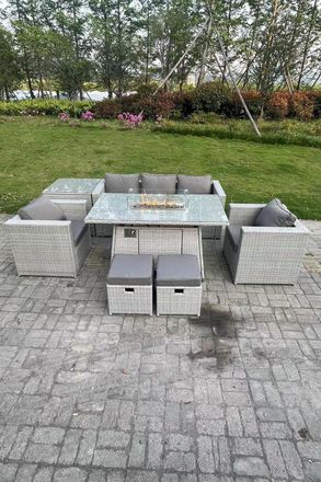 Fimous Rattan Garden Furniture Set Gas Fire Pit Lounge Sofa Chair Dining Set With Side Table in Light Grey