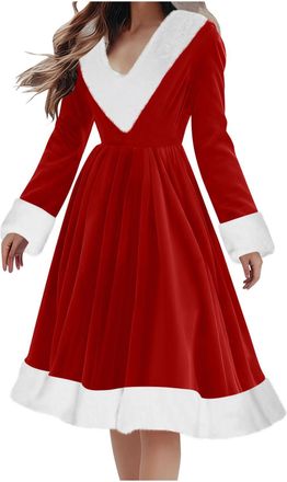 Generic Christmas Dresses for Women Velvet Soft Long Sleeve V Neck Midi Xmas Fancy Dress Casual Comfort Elegant Santa Claus Party Costume Ladies Dresses Plus 