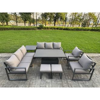Fimous Aluminum 8-Piece 10-Seater Dining Set with Lifting Table & Side Table in Dark Grey