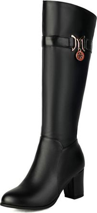 Generic Womens Round Toe Knee High Boots PU Leather Knight Long Boot with Side Zipper Mid Block Heel Retro Tall Boot,Black,5.5 UK