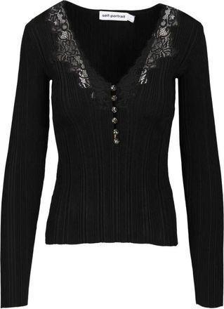 Self Portrait Truien & Vesten, Dames, Zwart, L, Polyester, Gebreide top met ribbels en kanten rand