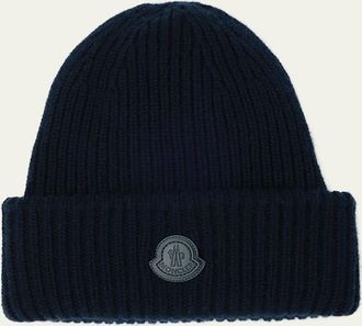 Moncler Mens Cashmere Rib Leather-Logo Beanie Hat