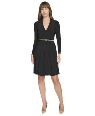 Tommy Hilfiger Womens Solid Jersey Belted Seamed Fit and Flare Dress, Black, 10