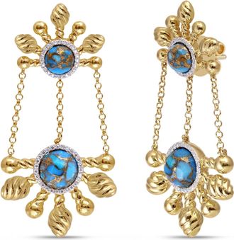 LuvMyJewelry Sunny Cascade Design Yellow Gold Plated Silver Turquoise Gemstone Diamond Earring