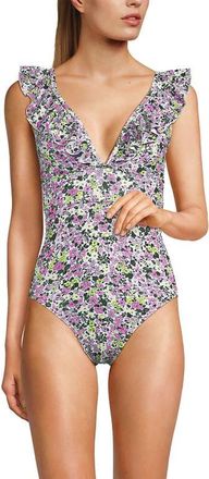 Lands End Pique Ruffle One Piece Swimsuit in White Multi Ditsy Floral at Nordstrom, Size 10P