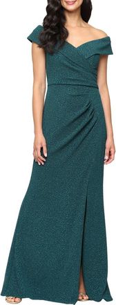 Alex Evenings Off the Shoulder Stretch Metallic Jacquard Gown in Pine at Nordstrom, Size 16