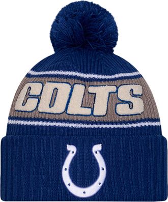 New Era Unisex-Adult NFL Official Sideline Team Logo Sherpa Striped Pom Beanie Cold Weather Knit Hat, Indianapolis Colts - Blue, One size