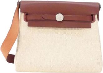 Herm&egrave;s Pre-owned Vintage Canvas Shoulder Bag - Dames - Vintage Schoudertas - Beige - ONE Size - Leer - Vintage