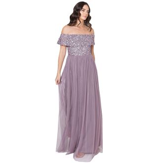 Maya Womens Ladies Bardot Dress Maxi Embellished Hight Empire Waist Sleeveless Tulle for Wedding Guest Prom Graduation Bridesmaid, Moody Lilac, 22