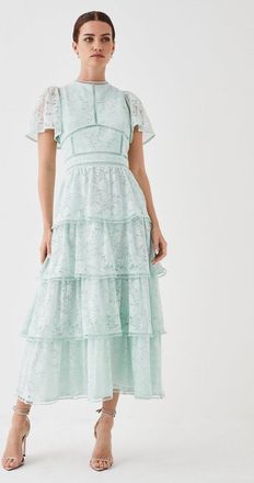 Coast Petite Tiered Lace Dress With Flutter Sleeve & Trims