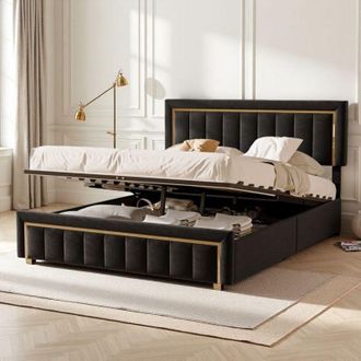 OEM Cama Doble 160x200 - Cama Cofre Hidr&aacute;ulica - Terciopelo Negro - Dise&ntilde;o Chic - Espacio De Almacenamiento