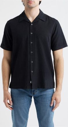 James Campbell Ephesia Slub Cotton Camp Shirt in Black at Nordstrom, Size Xx-Large