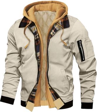 Generic Winter Jackets for Men,Fake Two-Piece Spliced Plaid Interior with Pockets Warm for Casual Flight Jacket Mens Autumn Winter Hooded Coat Fleece Workwear