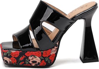 Generic MiaZane Womens Sandals Chunky Block Heel Floral Colorblock Open Toe Gothic Platform Mules Square Toe Dress Slides for Summer Commute & Evening Dinner,