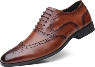 Generic Oxford Dress Shoes for Men Lace Up Brogue Embossed Wing tip Burnished Toe PU Leather Low Top Anti-Slip Block Heel Slip Resistant Prom(Brown,10.5 UK)