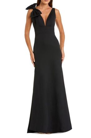 Mac Duggal Petite Sleeveless V Neck Bow Detail Mermaid Gown in Black at Nordstrom, Size 12P