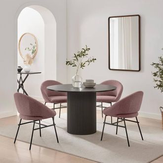 Furniturebox Penrose Round Black Wood Dining Table 4 Nella Chairs in Dusty Pink
