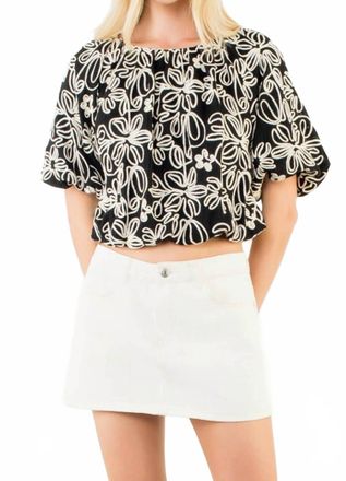 THML Clothing Puff Sleeve Floral Embroidery Detail Top In Black