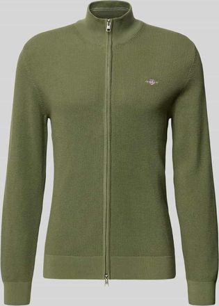 GANT Cardigan mit Zweiwege-Rei&szlig;verschluss und Label-Stitching in Oliv, Gr&ouml;&szlig;e XXXL