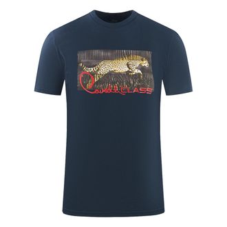 Cavalli Gekartelde Luipaardlogo Navy Blauwe T-shirt