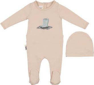 Maniere Rain Boot Print Footie & Hat Set in Biscuit at Nordstrom, Size Newborn