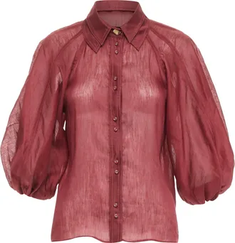 Aje AJE Palms burgundy silk linen puff sleeve raglan multi buttons shirt UK6 XS