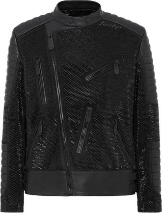 Philipp Plein Jassen, Heren, Zwart, L, Leer, Leather Disco Biker Jacket Crystals
