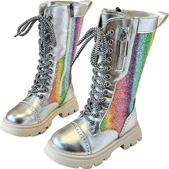 Generic Girls Lace-Up Mid Calf Combat Boots with Side-On Zipper Round Toe Water Proof Comfortable Warm Shoes Chunky Heel Non-Slip Casual Punk Goth Riding Walk